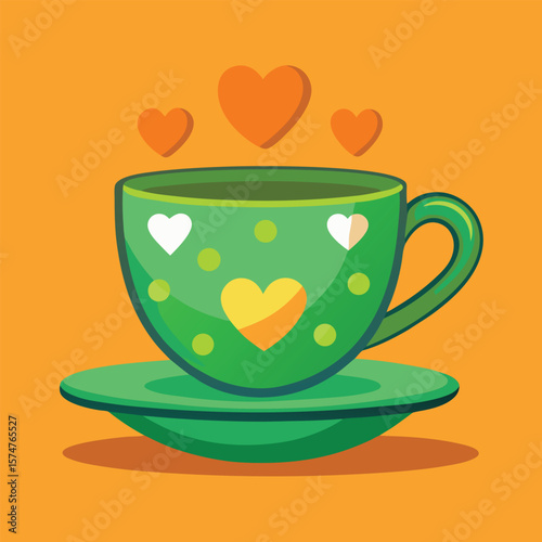 A hot, isolated white ceramic teacup with a heart-shaped design on a saucer, perfect for a soothing breakfast beverage