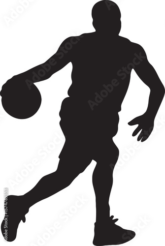 Black silhouette of a basketball player dribbling white