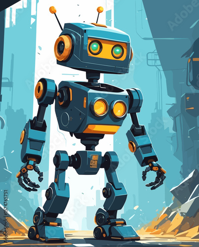 Colorful cartoon robot standing in a futuristic urban environment  