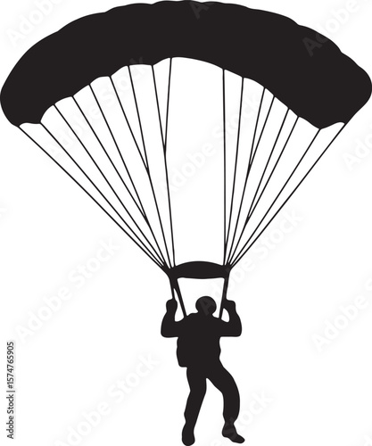 Black silhouette of a skydiver descending with a parachute skydiving