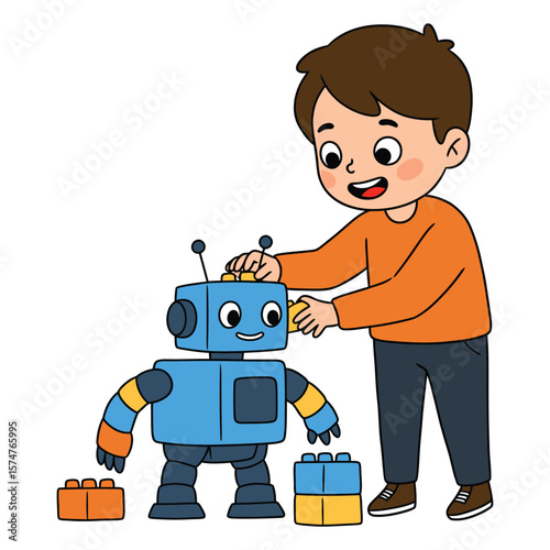 Happy boy building a blue robot with toy building blocks isolated on white background