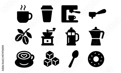 Coffee icons set featuring cups, beans, and brewing tools in bold silhouette style