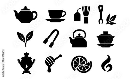 Silhouette icons of tea time essentials and accessories