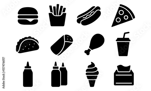 Minimalist icons of fast food items in silhouette style