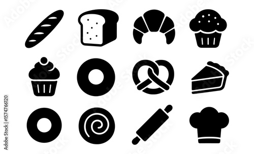 Bakery icons set: silhouette icons of bread, pastries, and baking tools