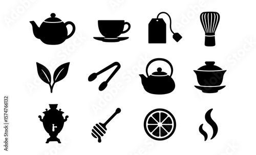 Tea time icons: minimalist silhouettes of teapots, cups, and accessories
