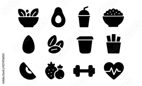 Silhouette icons of healthy foods and fitness elements for nutritional concepts