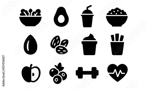 Healthy food and fitness icons in minimalist style