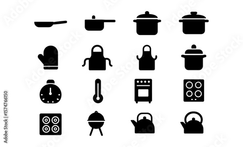 Kitchen equipment collection: sleek black silhouettes of cookware and appliances