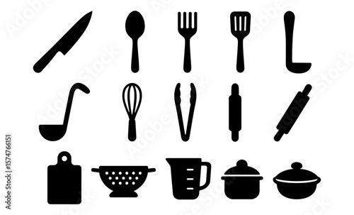 Silhouette kitchen utensils collection: essential tools for cooking and baking