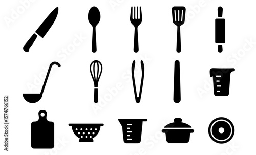 Silhouette kitchen utensils collection: knife, spoon, fork, whisk, and more