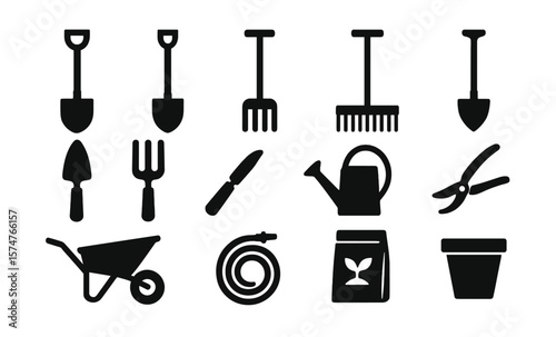 Gardening tools silhouette set on dark background for horticulture and landscaping designs