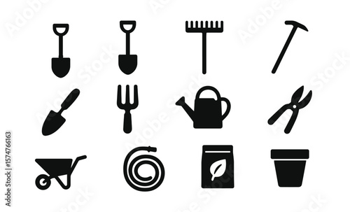 Silhouette garden tools set: essential equipment icons on rustic wooden background