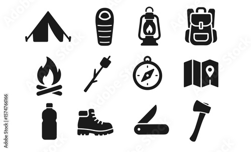 Essential outdoor camping icons in bold silhouette style for adventure enthusiasts