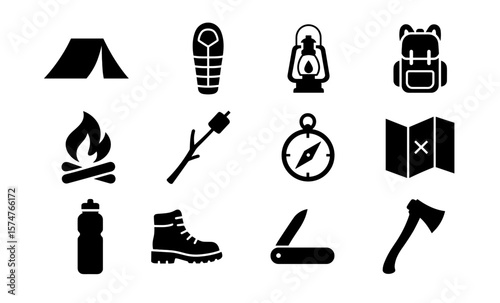Camping adventure icons: essential gear and tools collection in black silhouette style