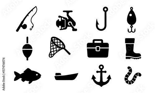 Fishing gear and equipment icons set in black silhouette style