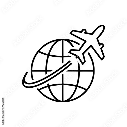 Outline Icon of Airplane Flying Around a Globe – Symbolizing International Travel or Global Connectivity