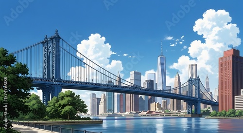 Retro Anime Style: Iconic Manhattan Bridge & New York City Skyline - A Daytime Dreamscape
