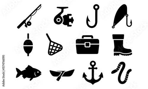 Fishing gear icons set: essential silhouettes for angling enthusiasts