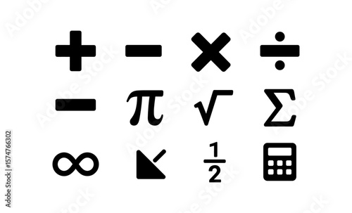 Mathematical symbols set: basic operations, shapes, and functions in minimalist style