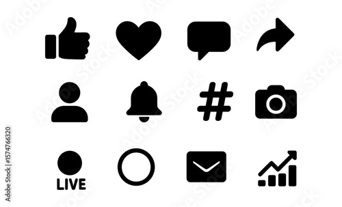 Silhouette icons set: social media, communication, and analytics symbols
