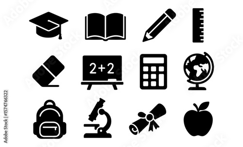 Educational icons set featuring classroom tools and symbols