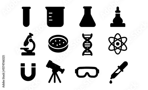 Science icons set featuring chemistry and physics symbols in silhouette