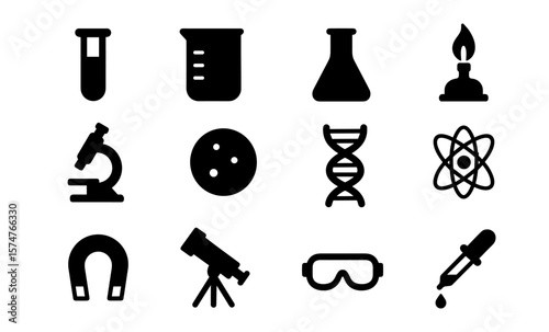 Science icons set featuring lab equipment and scientific symbols in silhouette style