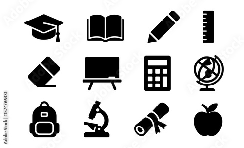 Education icons set: silhouette style of tools and symbols for learning and school themes