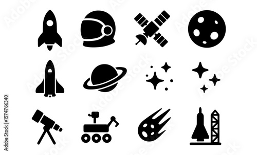 Space exploration icons: rocket, planet, satellite, and more in silhouette style