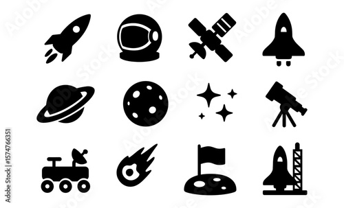 Space exploration icons: rockets, satellites, planets, and more in minimalist silhouette style