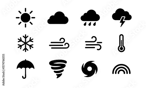 Weather icons collection: sun, cloud, rain, wind, snow, temperature, umbrella, storm