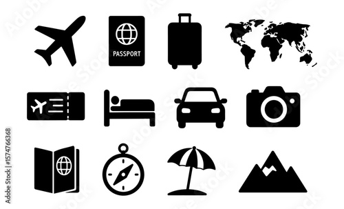 Travel icons set with airplane, passport, luggage, and more in silhouette style