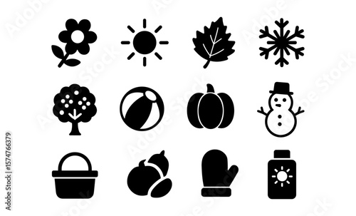 Seasonal icons collection: nature, sun, and holiday silhouettes