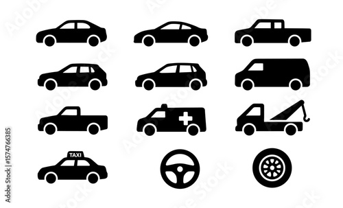 Vehicle silhouettes collection: cars, trucks, and specialized vehicles