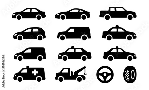 Silhouette collection of various car types with accessories