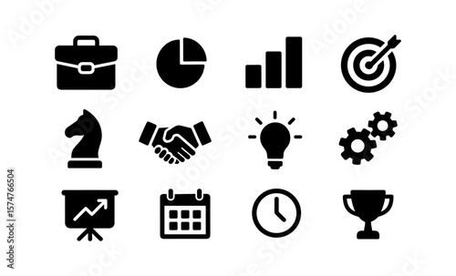 Business icon set: silhouette symbols for success and strategy