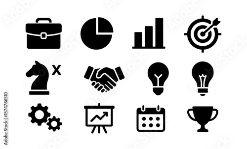 Business icon pack featuring bold silhouettes of analytics, strategy, and productivity symbols