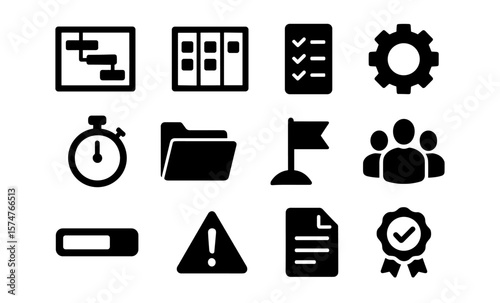 Black silhouette icons for project management and workflow optimization