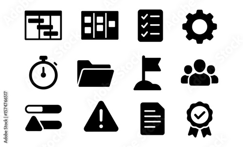 Business management icons: tasks, settings, and tools in modern silhouette style