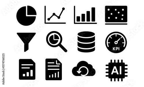 Business data analytics icons set in bold silhouette style