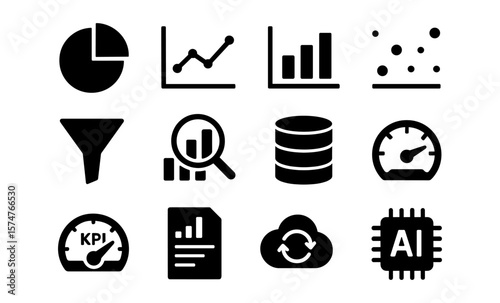 Business analytics icons: flat design set with charts, graphs, and data symbols
