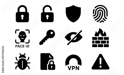 Security icons set: privacy, face id, vpn, firewall, encryption