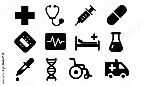 Essential medical icons set: health symbols and equipment in bold silhouette style