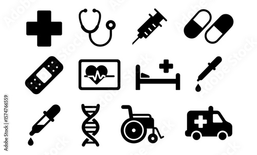 Medical icons set featuring essential healthcare symbols in bold silhouette style
