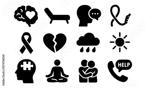 Mental health icons set: heart, brain, meditation, support, help, awareness, weather
