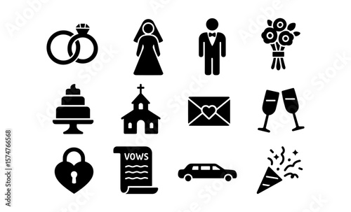 Wedding icons set featuring rings, couple, and celebration elements in bold silhouette style