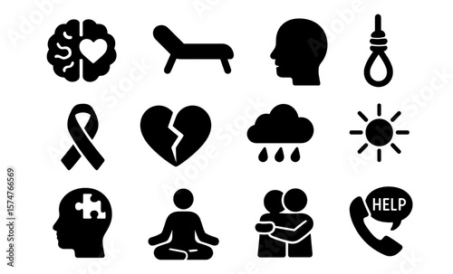 Mental health awareness icons: emotions, support, and self-care visuals