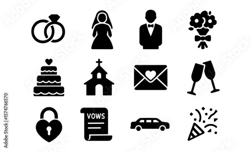 Elegant wedding icon set featuring classic silhouette designs