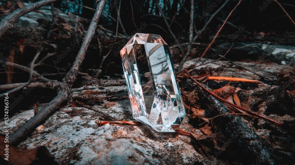 Obraz premium Crystal prism reflecting light in a forest setting